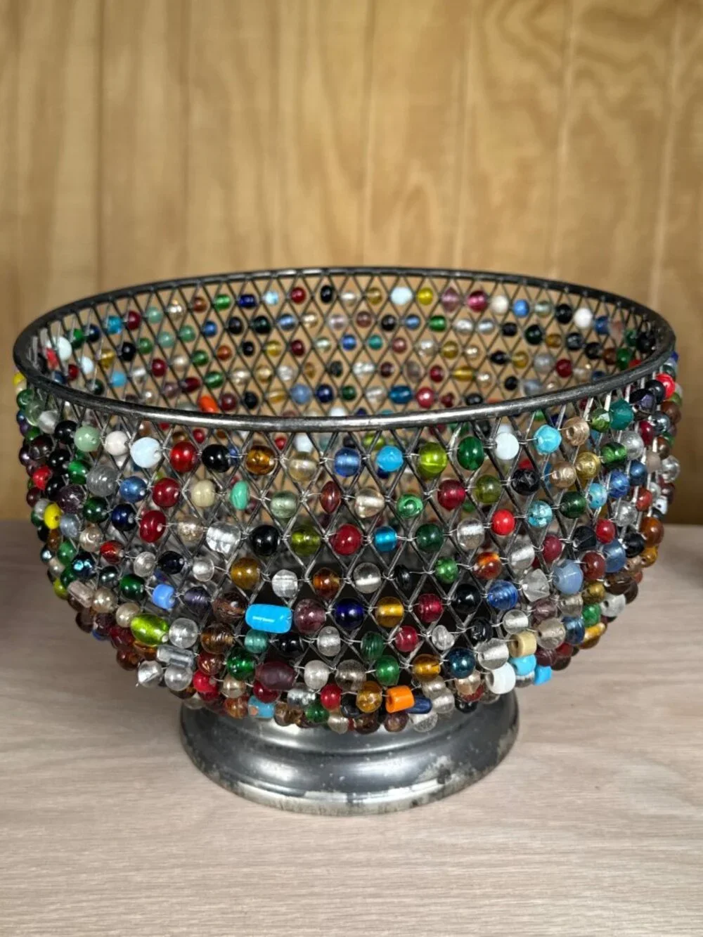 Vintage Bombay Colorful Beaded Metal Bowl Bohemian Home Decor Table Dish